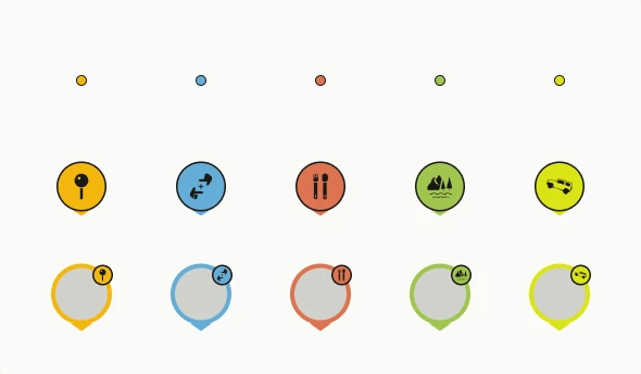 Map pins in dot, glyph and photo forms across five categories