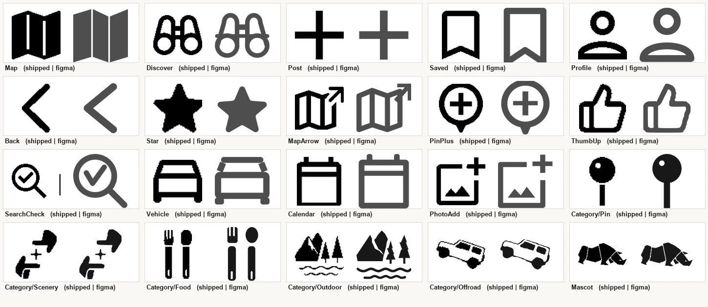 Twenty pairs of shipped and reconstructed icons including navigation, categories and rhino mascot