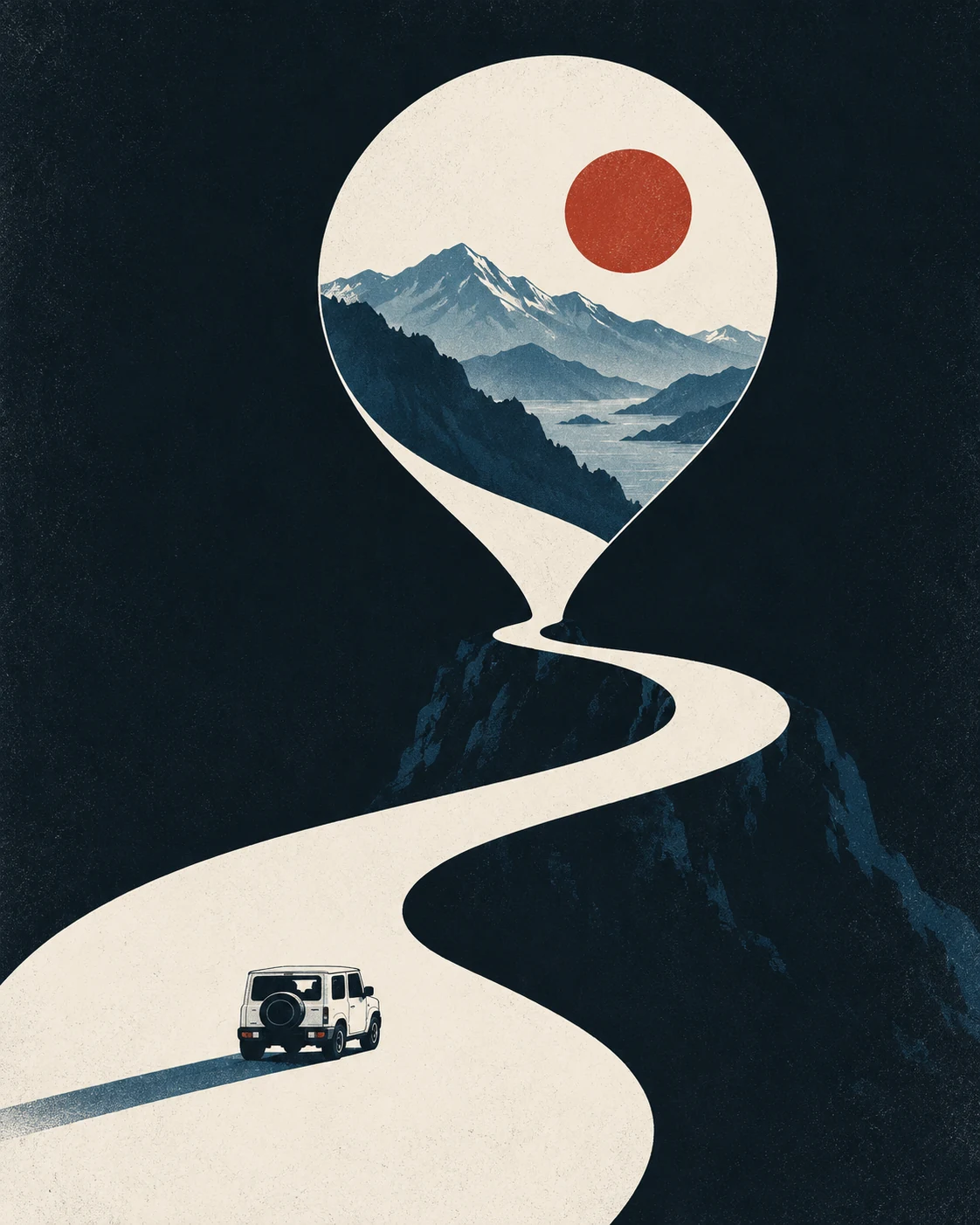 Original graphic poster: a winding road becomes a map pin, framing mountains and a vermilion sun