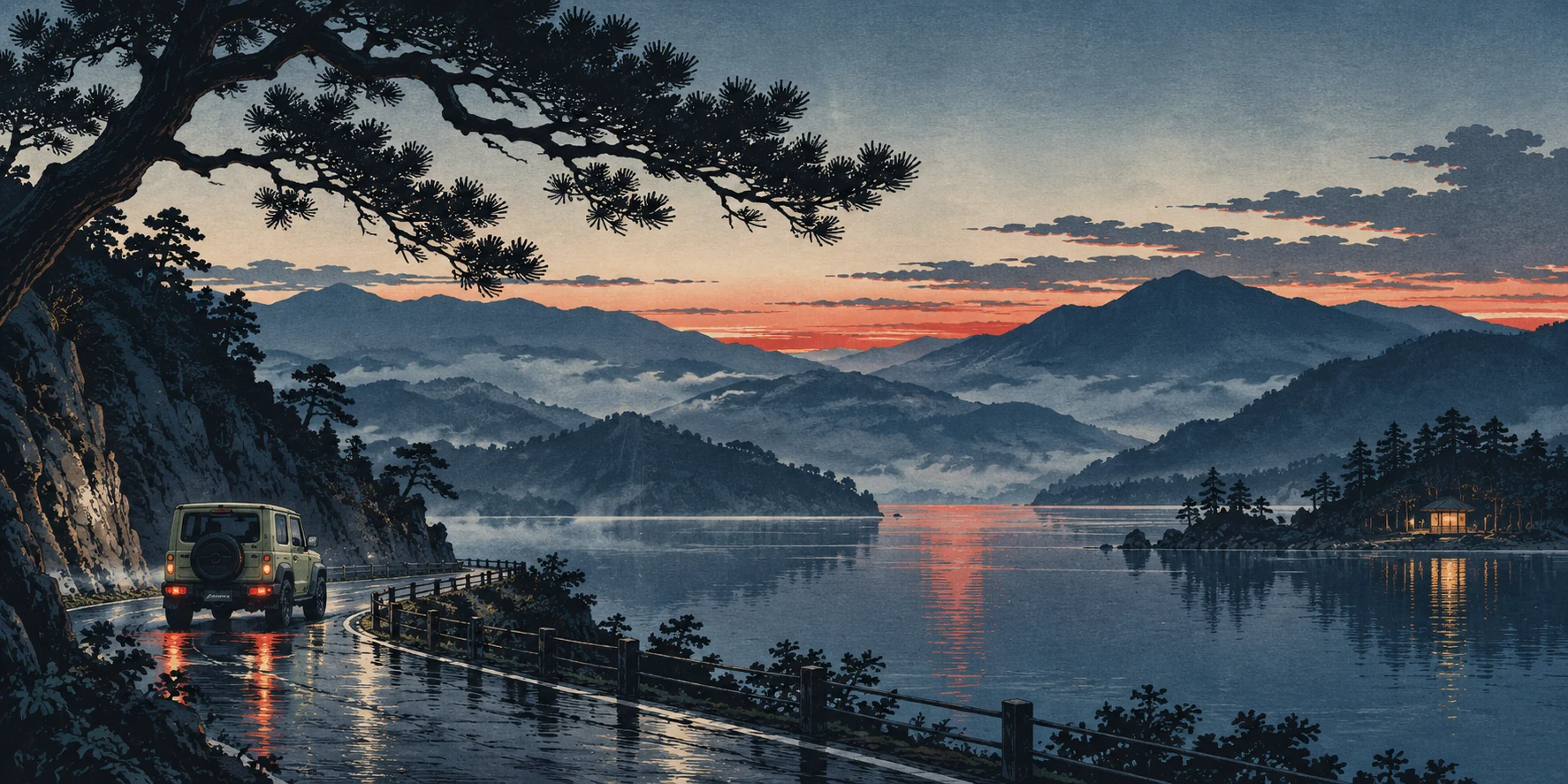 Original woodblock-inspired landscape: a small Jimny follows a lakeside road through indigo evening light