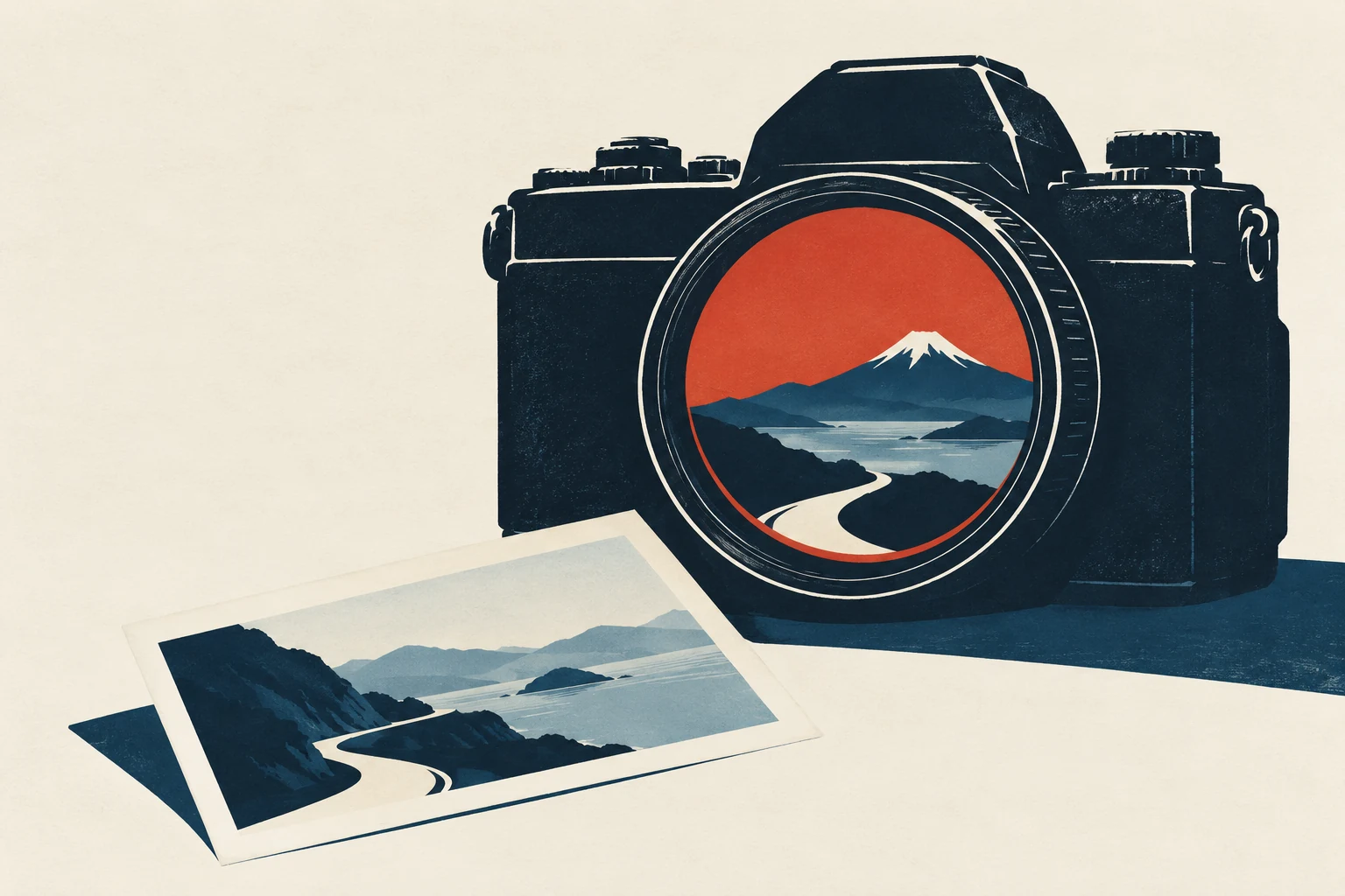 Original graphic still life of a camera whose red lens holds a mountain journey