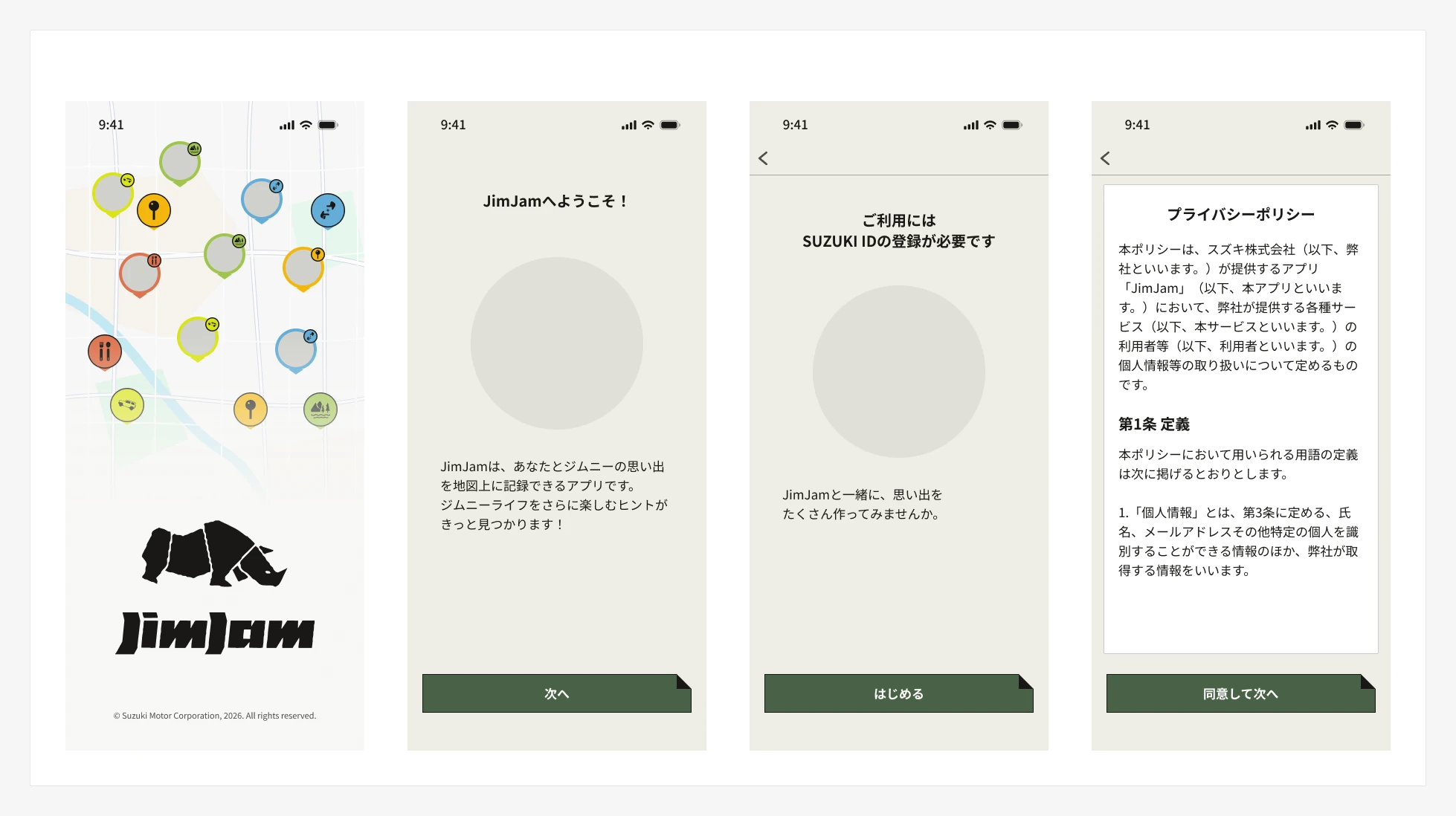 Entry screens: splash, welcome, SUZUKI ID introduction and terms