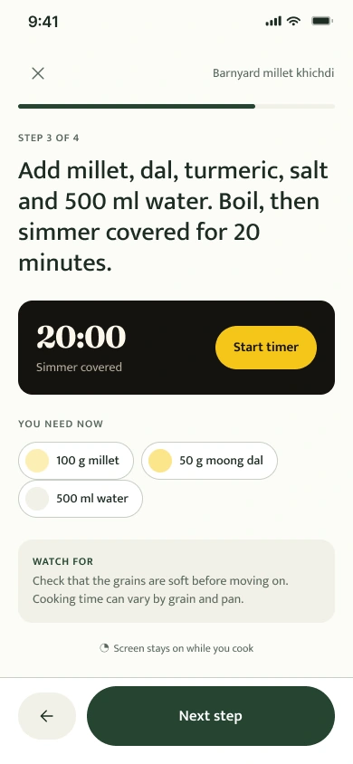 MilletWise cooking mode with current step, timer, and ingredients