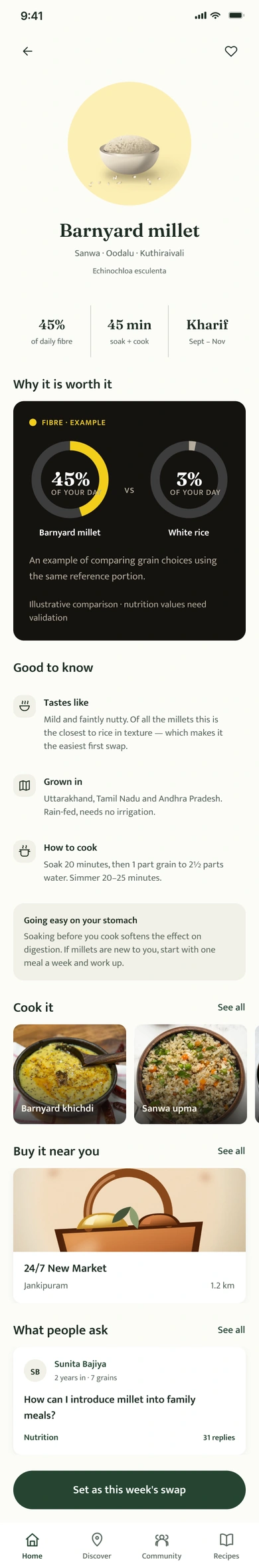 Grain detail screen for barnyard millet, linking grain information to practical guidance