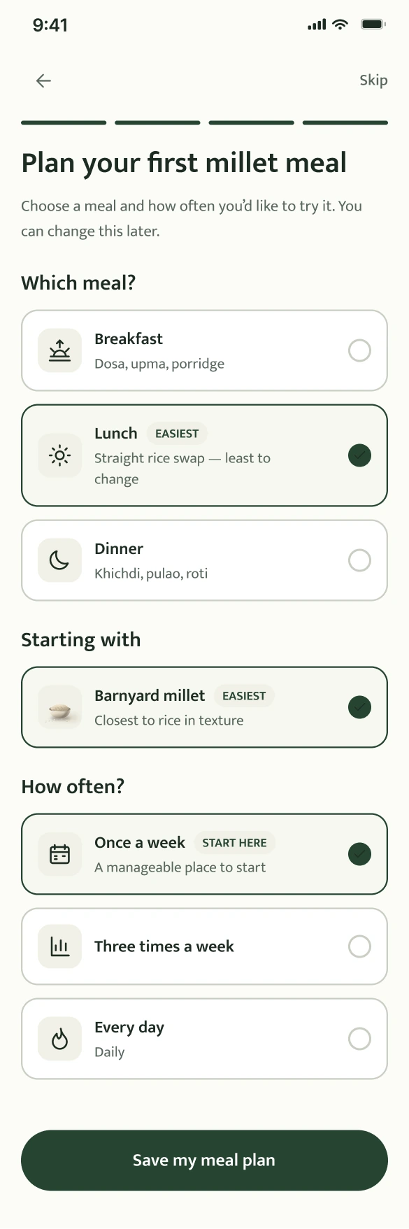 MilletWise meal-plan setup, first viewport