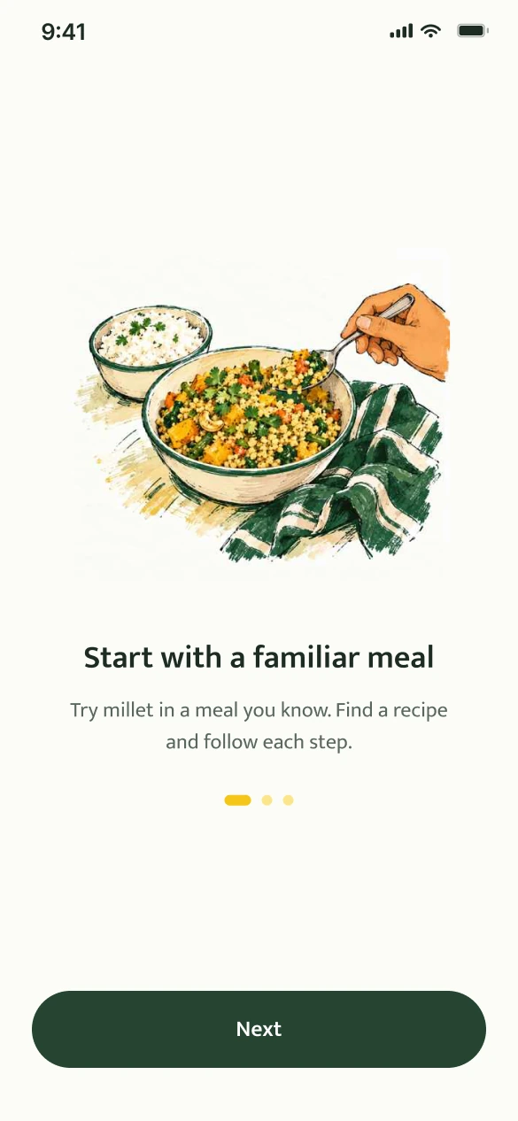 MilletWise onboarding: Start with a familiar meal