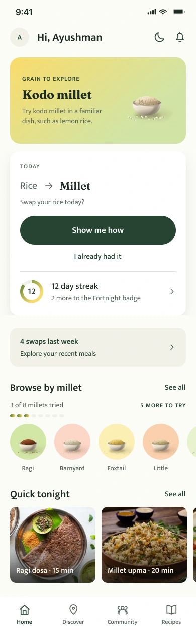 MilletWise home: a suggested millet swap, grain discovery, and recipes