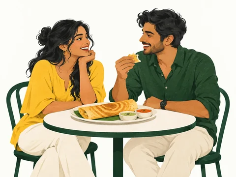 Two young Indian friends sharing dosa and conversation