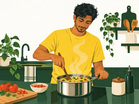 A young man making millet khichdi in his apartment kitchen