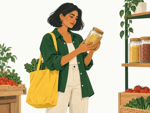 A young woman discovering millet at her neighborhood grocery