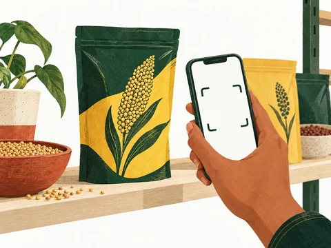 A hand scanning a millet pouch with a phone at the shelf