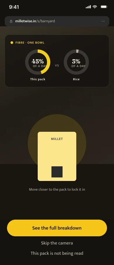 The on-pack AR view, MilletWise concept screen