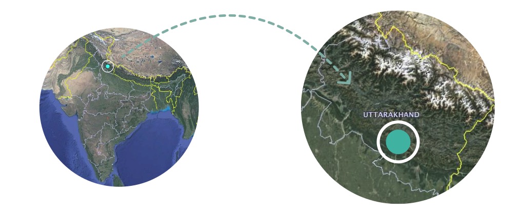 Locator graphic: a globe showing India, linked to a satellite view of Uttarakhand with the Tehri Dam site marked.