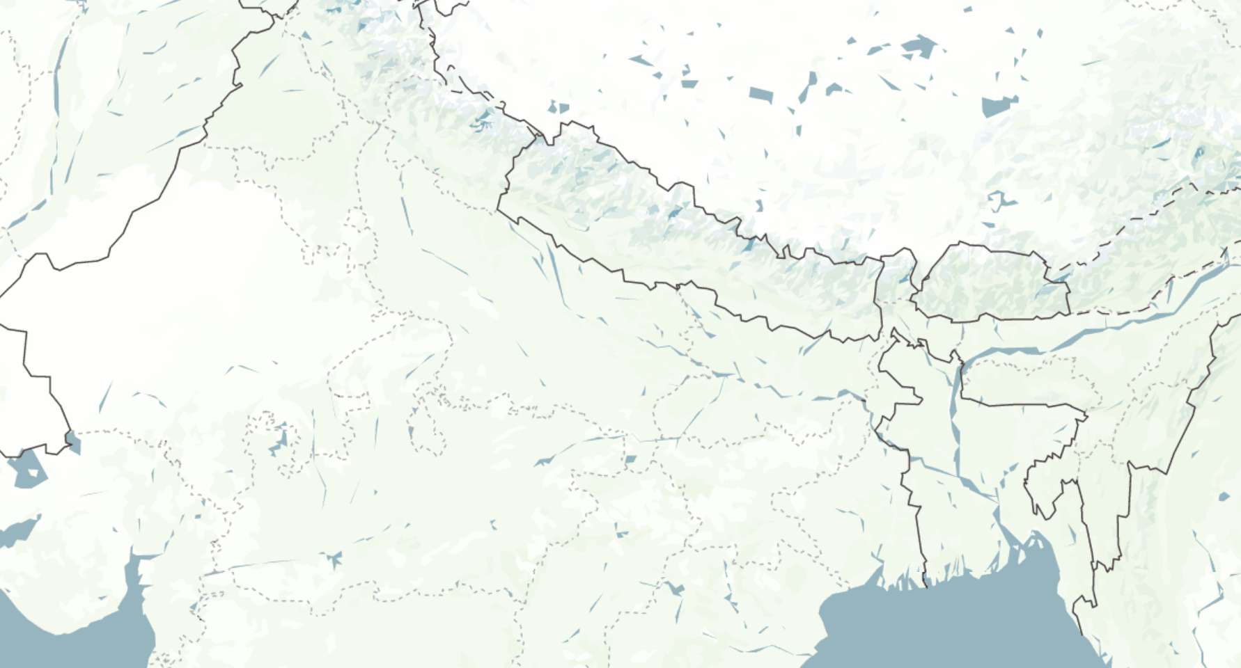 Base map of northern India, Nepal, Bangladesh and the Bay of Bengal.