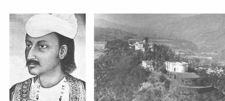 Portrait of Sudarshan Shah beside an archive photograph of the hillside town of Tehri.