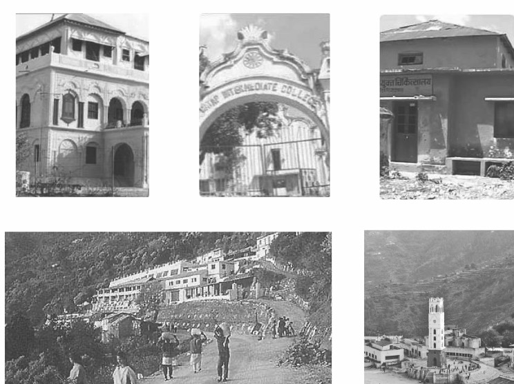 Archive photographs of Tehri's buildings, gateway and streets with residents going about daily life.