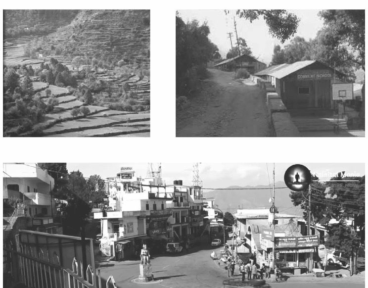 Archive photographs of terraced fields, a roadside shop and a street in Tehri.