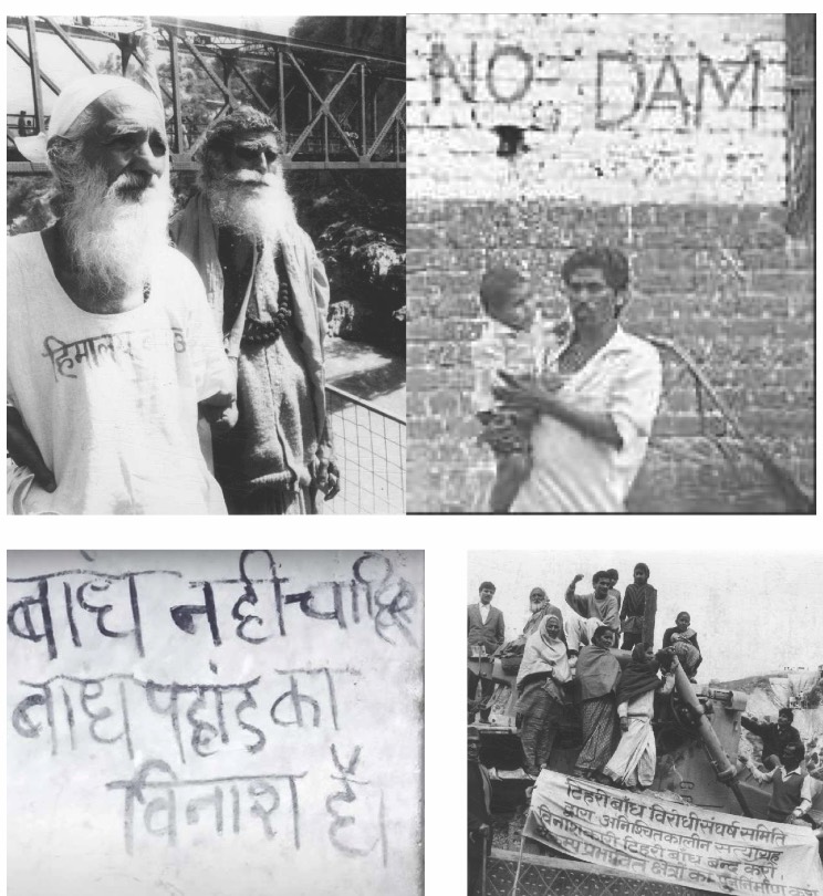 Protest photographs: Sunderlal Bahuguna and a fellow activist, a NO DAM wall slogan, a Hindi slogan reading the dam is the destruction of the mountains, and residents demonstrating on a truck.